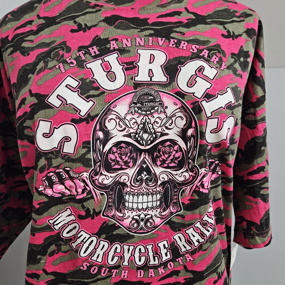 New Sturgis 75th Anniversary Pink Camo Skull Graphic Plus Size T-Shirt 2XL Tee - Picture 7 of 14